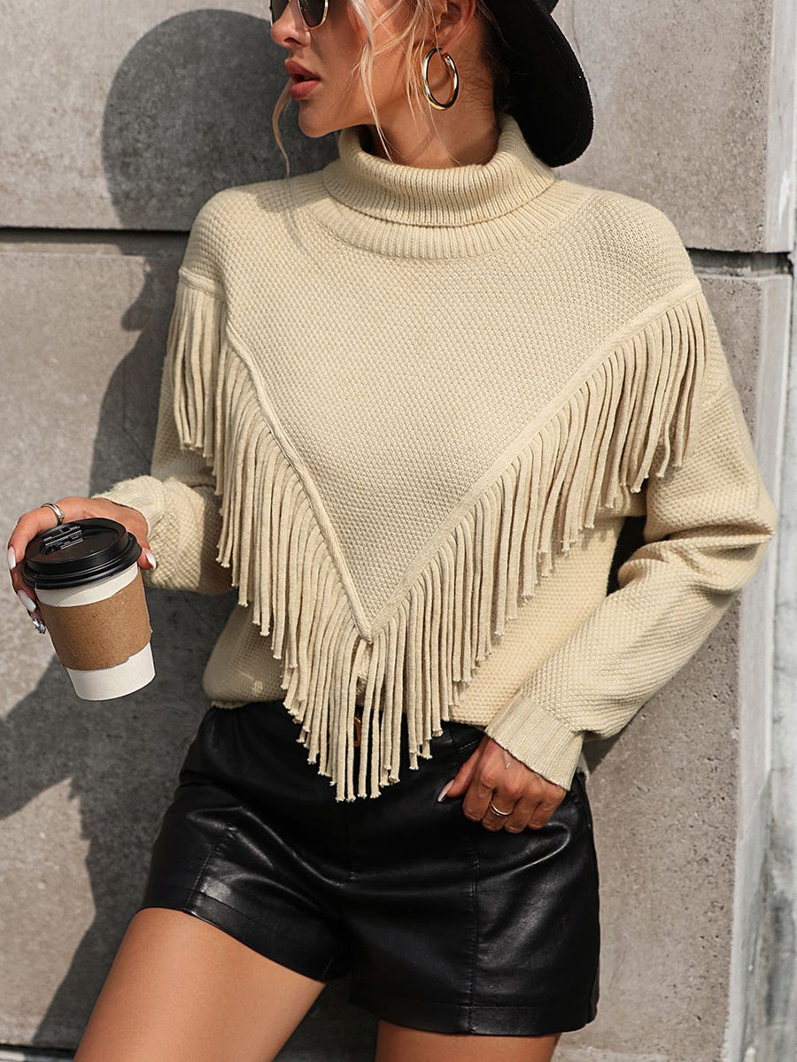 Turtle Neck Tassel Front Long Sleeve Pullover Sweater