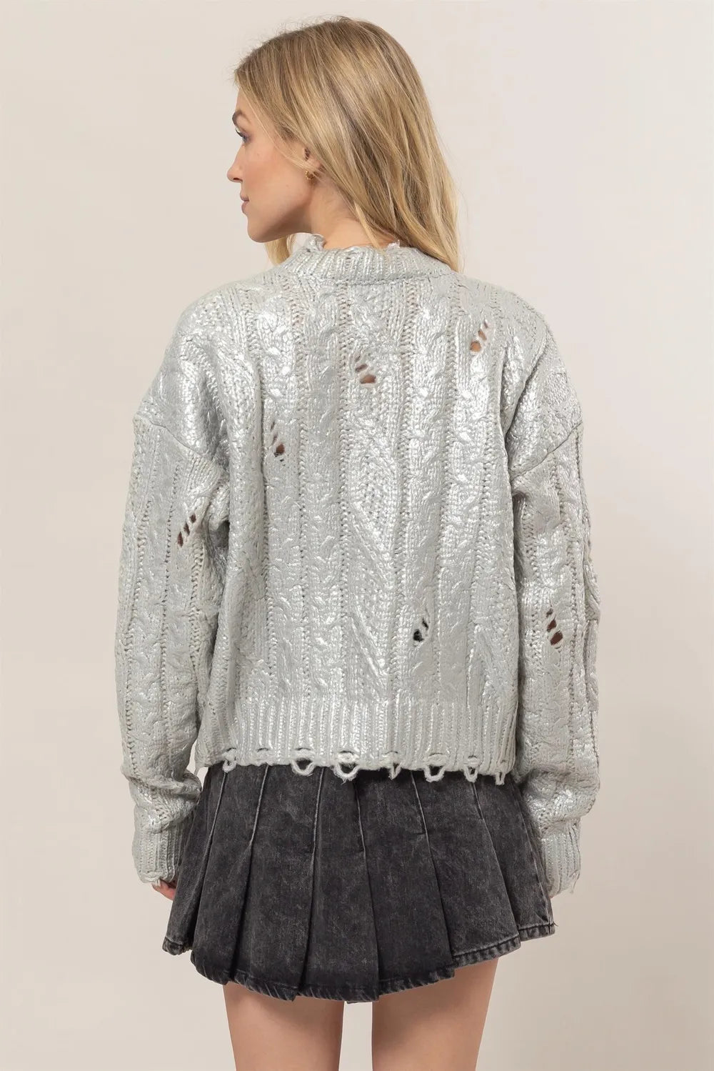 Paris Rivière — HYFVE Distressed Cable-Knit Round Neck Long Sleeve Sweater, alternate view 2