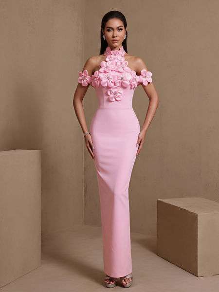 Lysandra Courcelle — Halter Crystal Floral Backless Bandage Dress