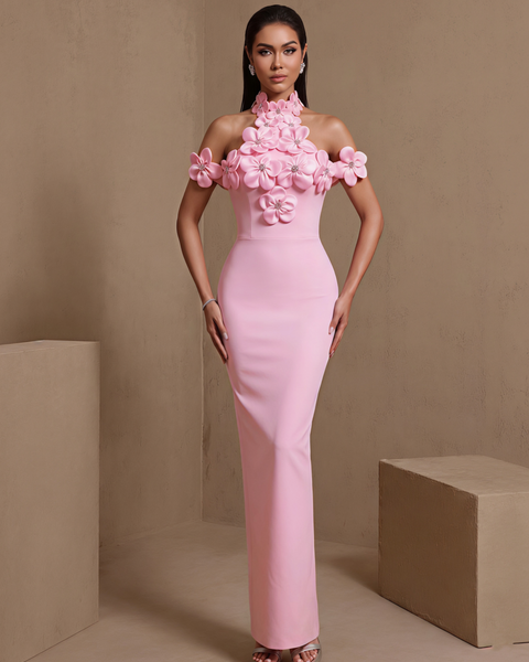 Lysandra Courcelle — Halter Crystal Floral Backless Bandage Dress
