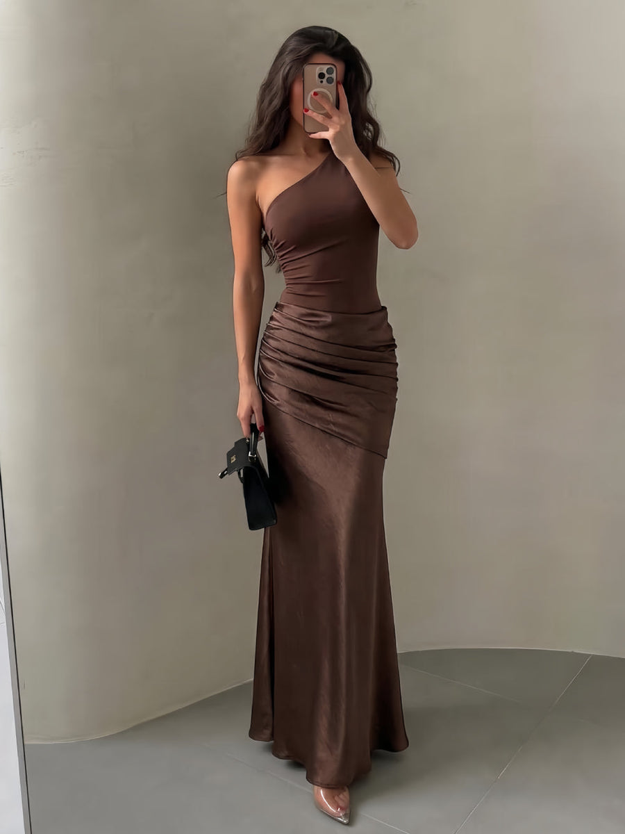 Slanted Shoulder Ruched Satin Maxi Dress