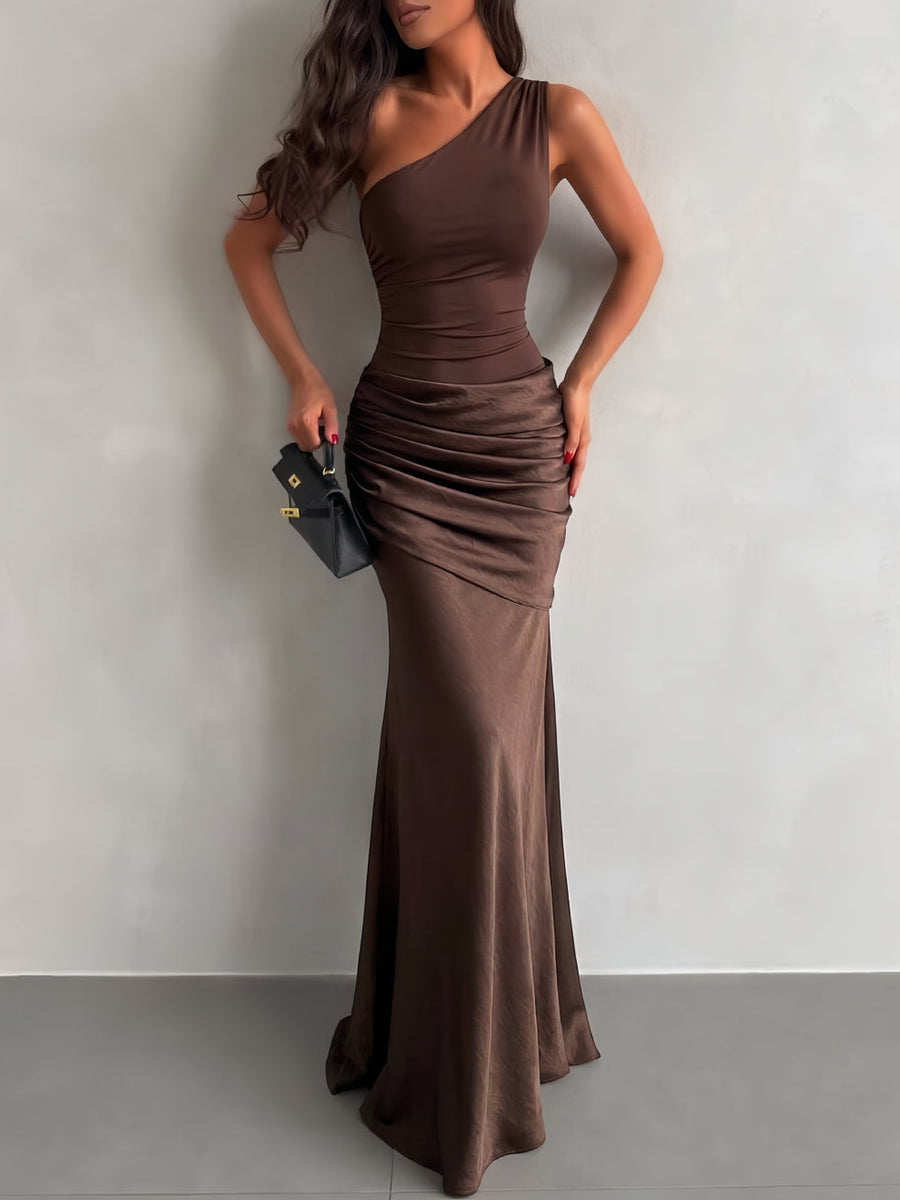 Slanted Shoulder Ruched Satin Maxi Dress