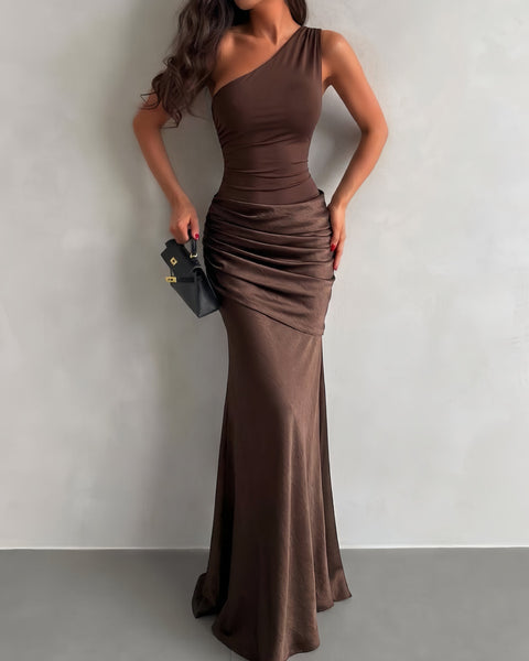 Slanted Shoulder Ruched Satin Maxi Dress
