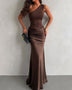 Slanted Shoulder Ruched Satin Maxi Dress