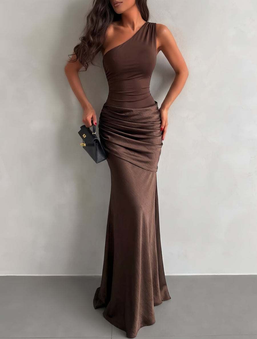 Sasha Capri — Slanted Shoulder Ruched Satin Maxi Dress