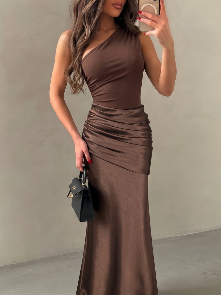 Slanted Shoulder Ruched Satin Maxi Dress