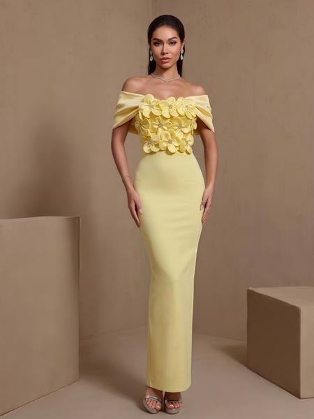 Floréal Varenne — Off-Shoulder Pleated Crystal Floral Bandage Dress