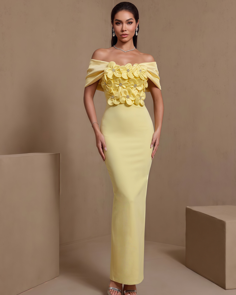 Floréal Varenne — Off-Shoulder Pleated Crystal Floral Bandage Dress