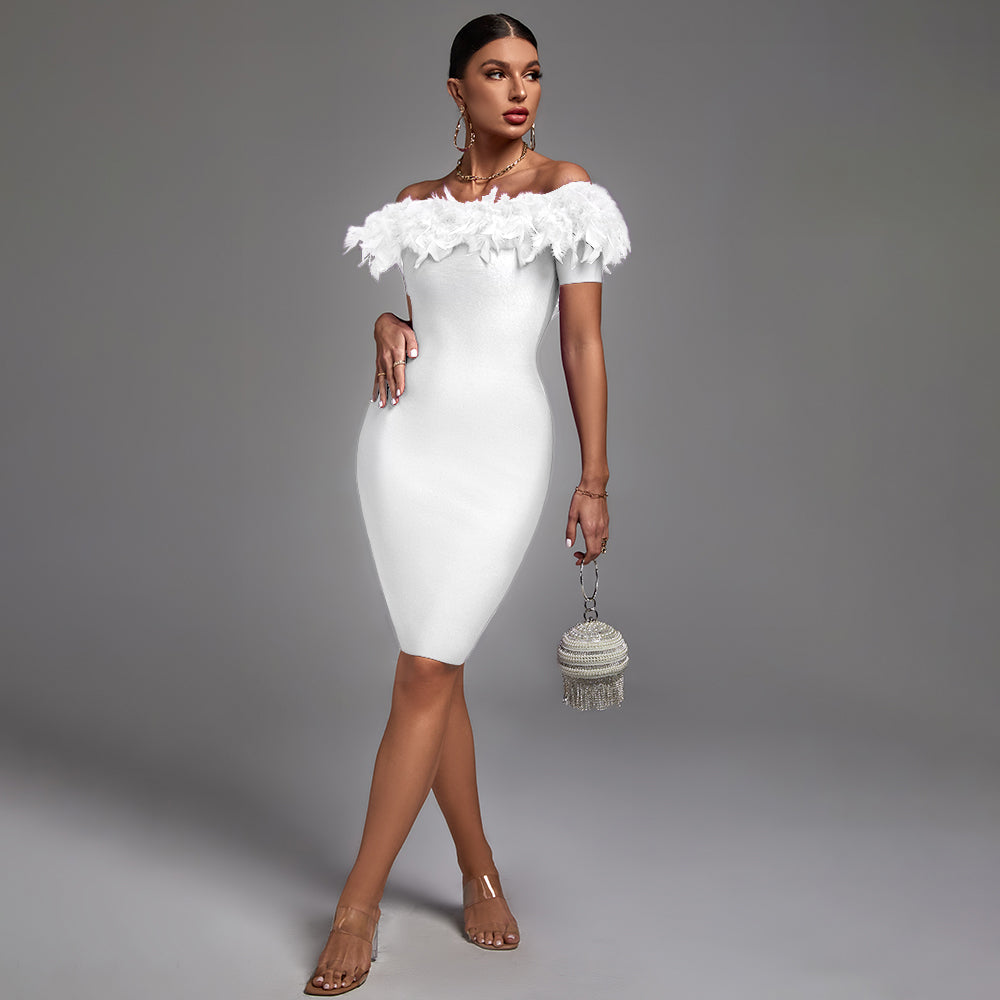 Heloise Beaumont — Chic Off-Shoulder Feather Midi Dress, alternate view 6