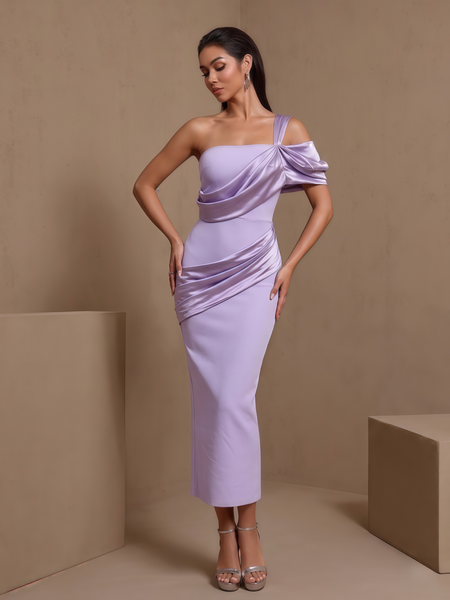 Violette D’Arcy — Asymmetric Satin Draped Ruched Bandage Dress, alternate view 3