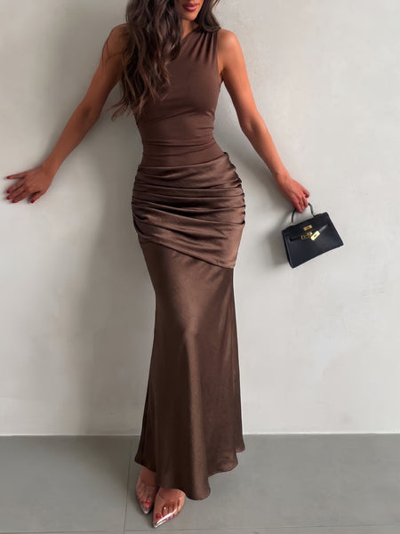 Slanted Shoulder Ruched Satin Maxi Dress