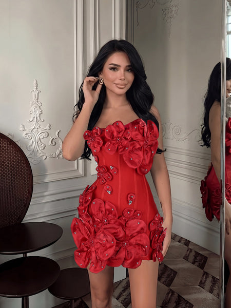Camélia Voss — Strapless Floral Beaded Bandage Mini Dress