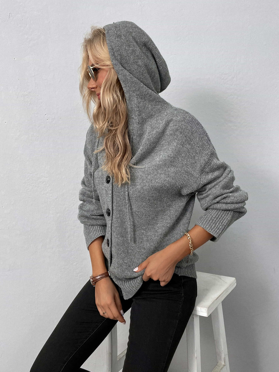 Onyx Valmont — Button-Down Long Sleeve Hooded Sweater, alternate view 2