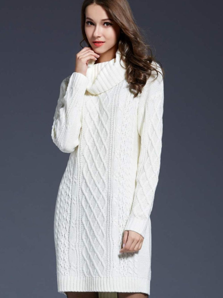 Woven Right Full Size Mixed Knit Cowl Neck Dropped Shoulder Sweater Dress