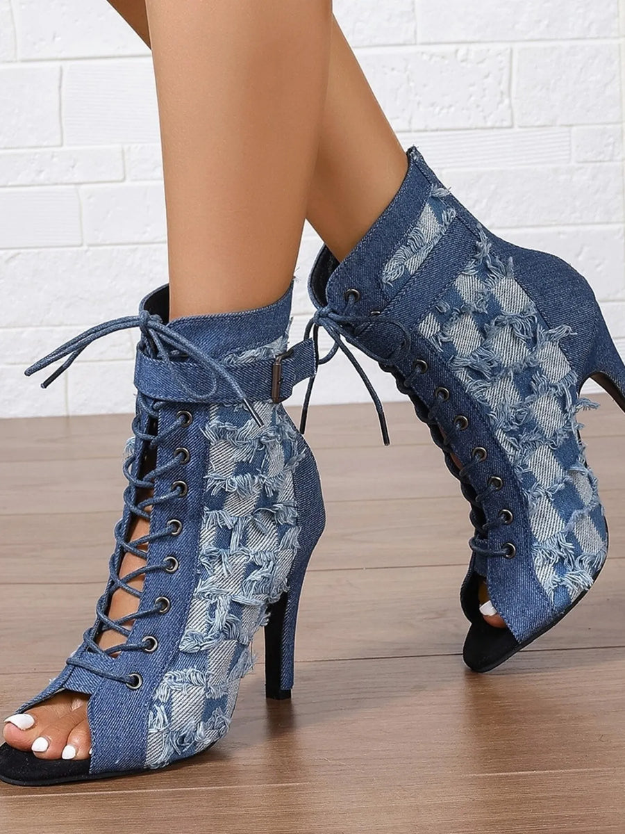 Marlowe Bellini — Distressed Denim Lace-Up Peep Toe Ankle Boots Peacock Blue Fashion Footwear, alternate view 2
