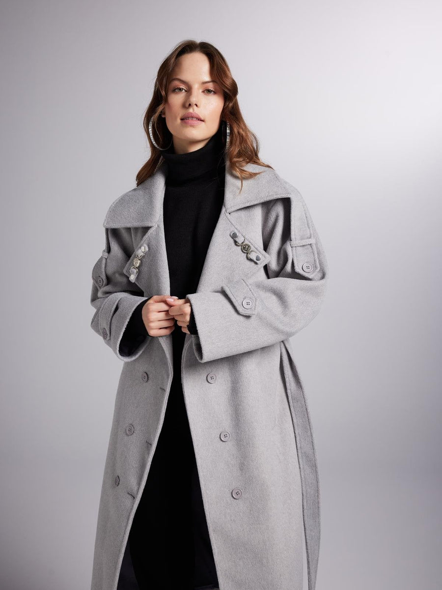 Accessorized Wool Blended Cashmere Maxi Woody Grey Coat