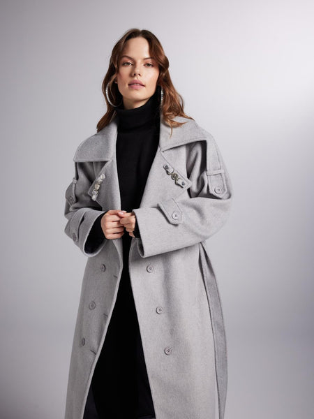 Accessorized Wool Blended Cashmere Maxi Woody Grey Coat