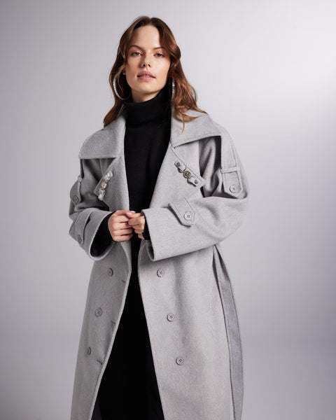 Accessorized Wool Blended Cashmere Maxi Woody Grey Coat
