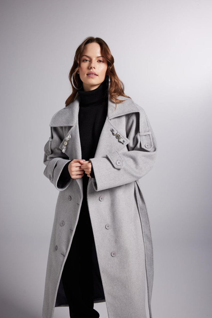 Zinnia Rivière — Accessorized Wool Blended Cashmere Maxi Woody Grey Coat, alternate view 2