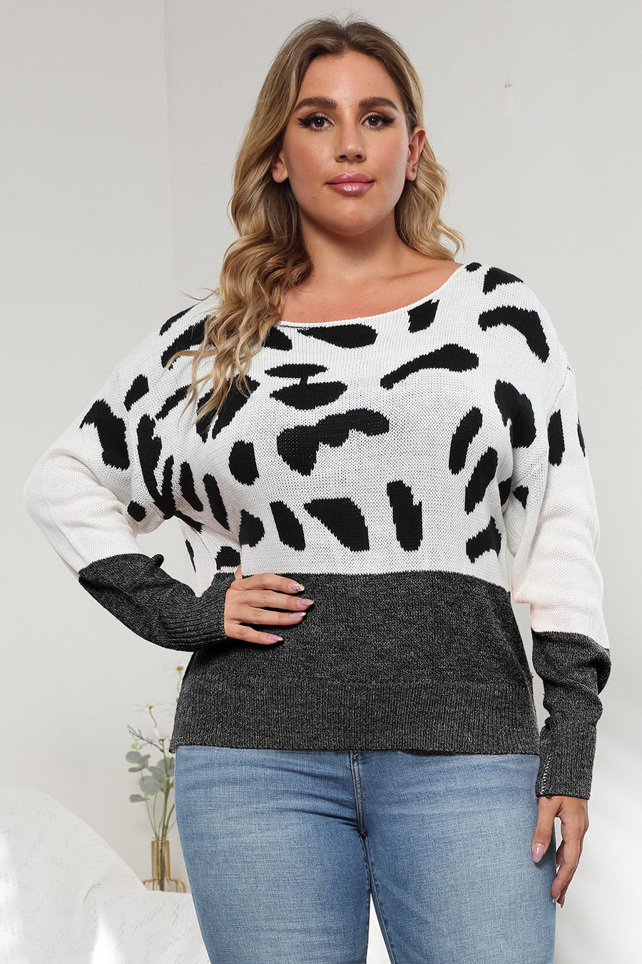 Reese Delacroix — Plus Size Leopard Round Neck Long Sleeve Sweater