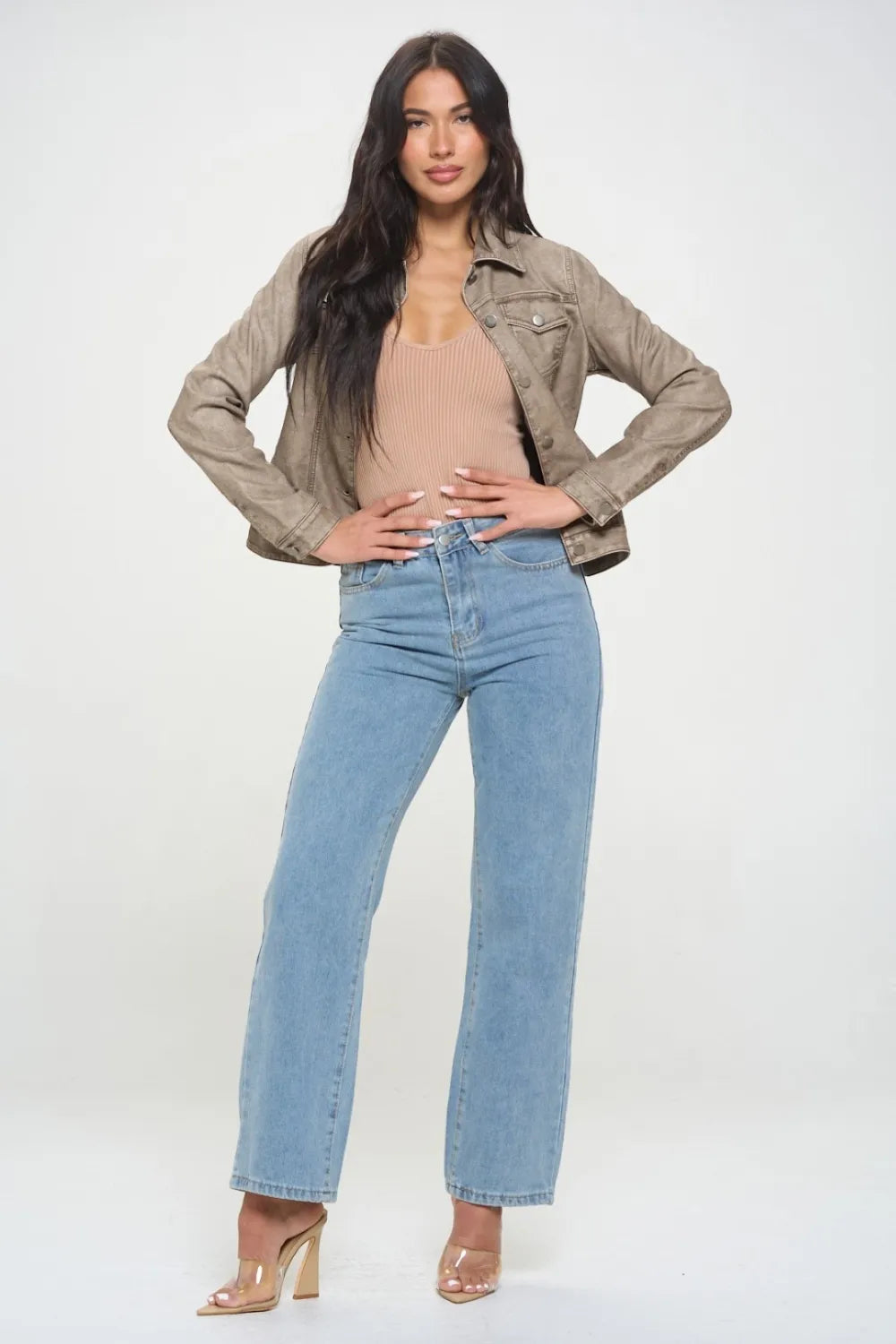 Harbor Saint-Clair — Coalition LA Button Down Cargo Vegan Leather Shacket Khaki Shirt, alternate view 4