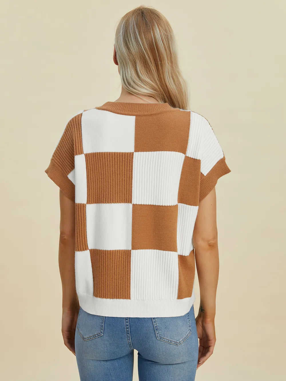 Cove Delacroix — Double Take Full Size Checkered Round Neck Short Sleeve Sweater, alternate view 15