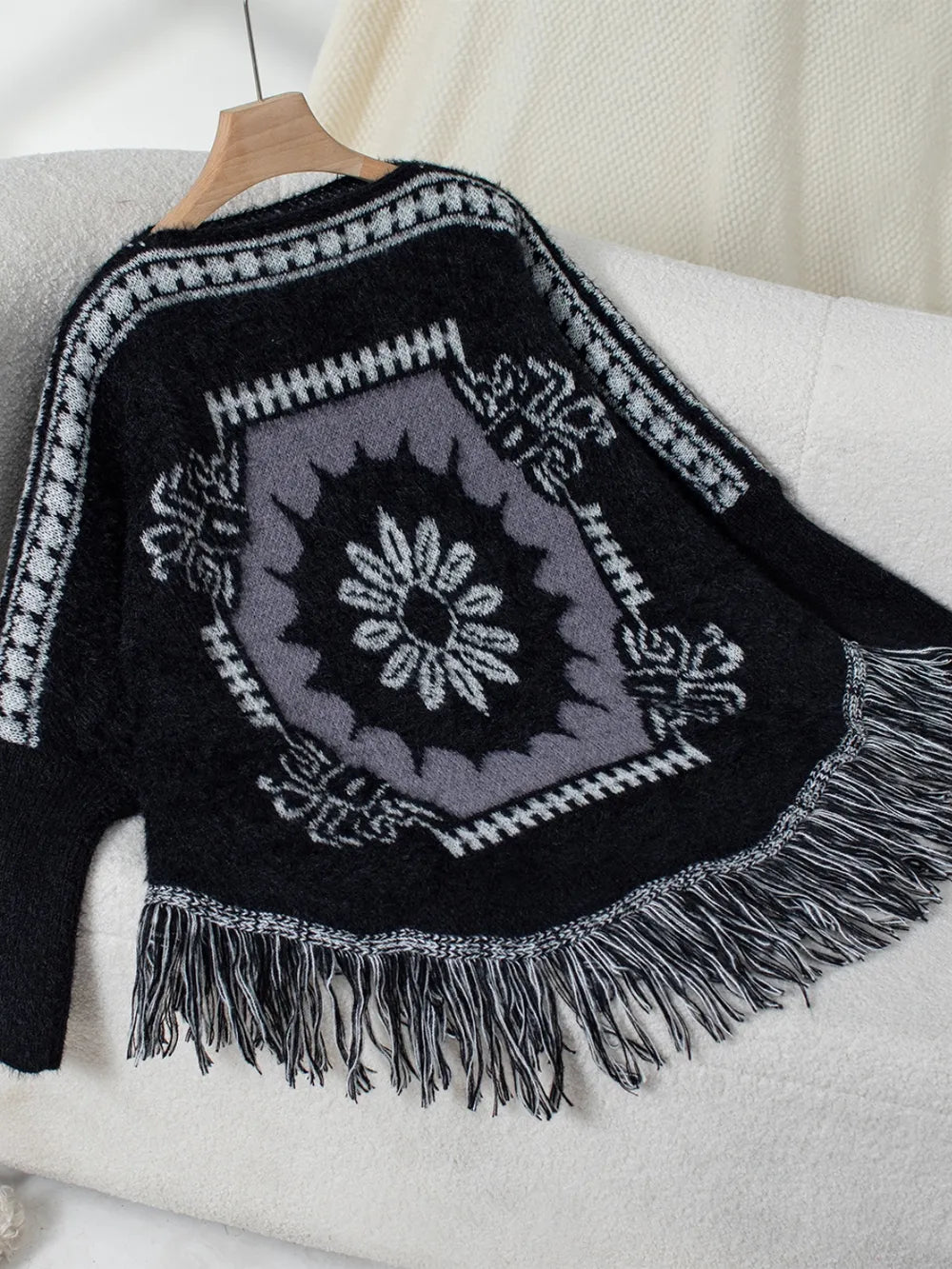 Wren Sorrento — Fringe Geometric Long Sleeve Poncho, alternate view 6