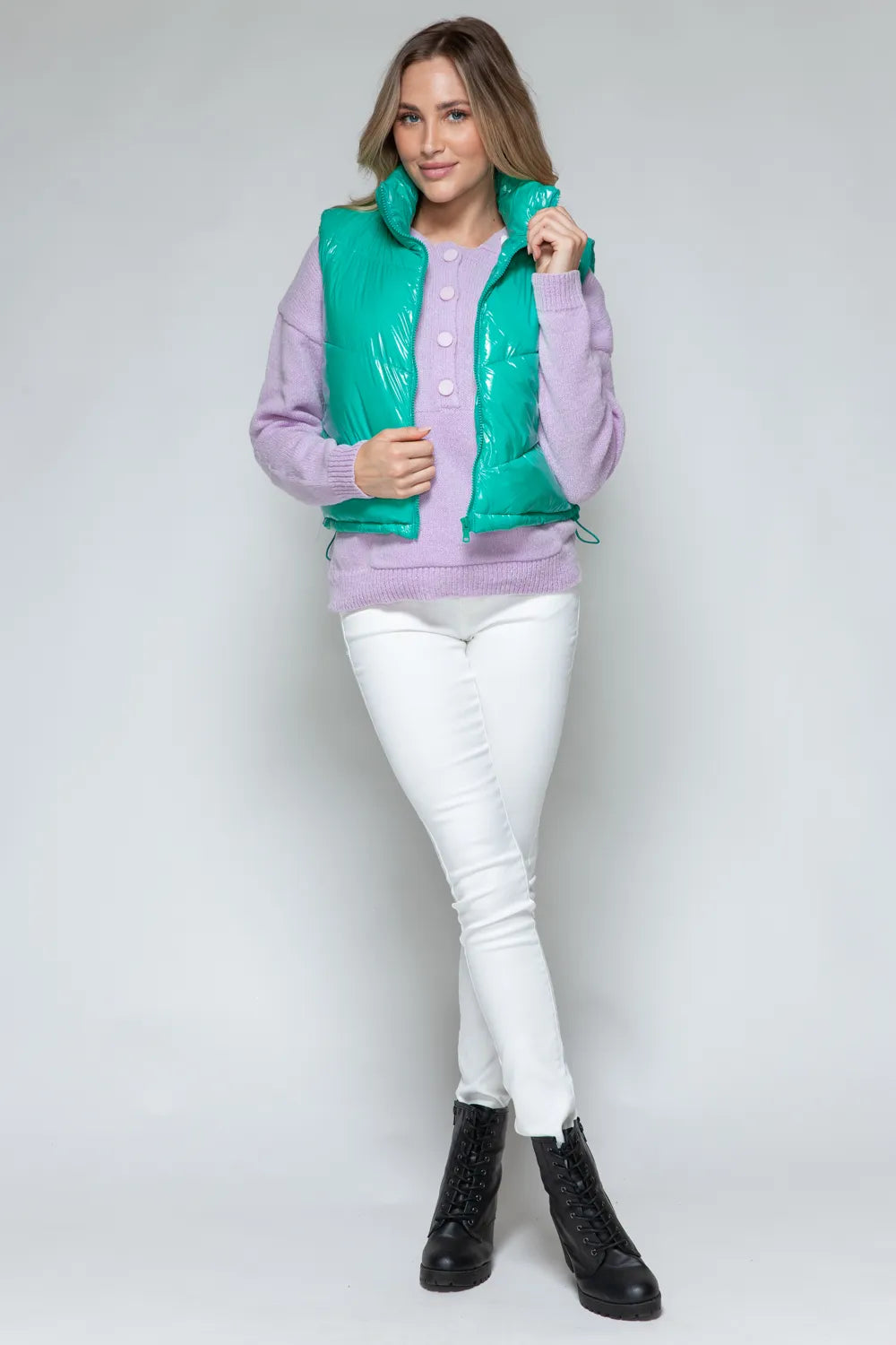Rowan Saint-Clair — Snobbish Zip Up Turtleneck Shiny Quilted Vest Green Sweater or Cardigan, alternate view 8