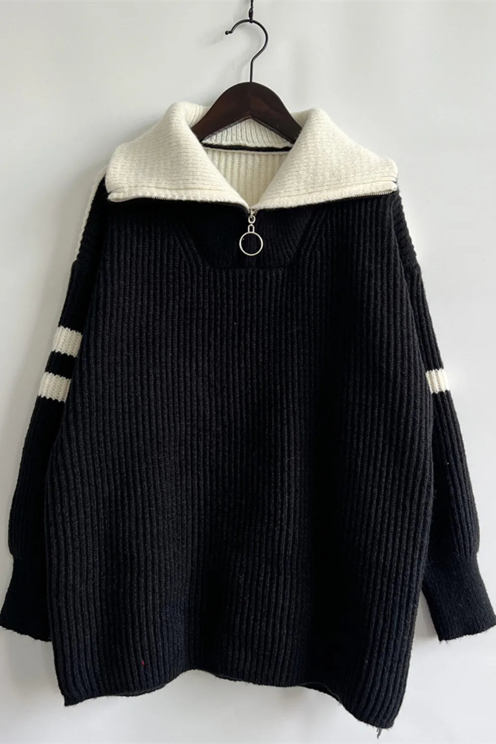 Reese Valmont — Quarter Zip Striped Dropped Shoulder Sweater, alternate view 7