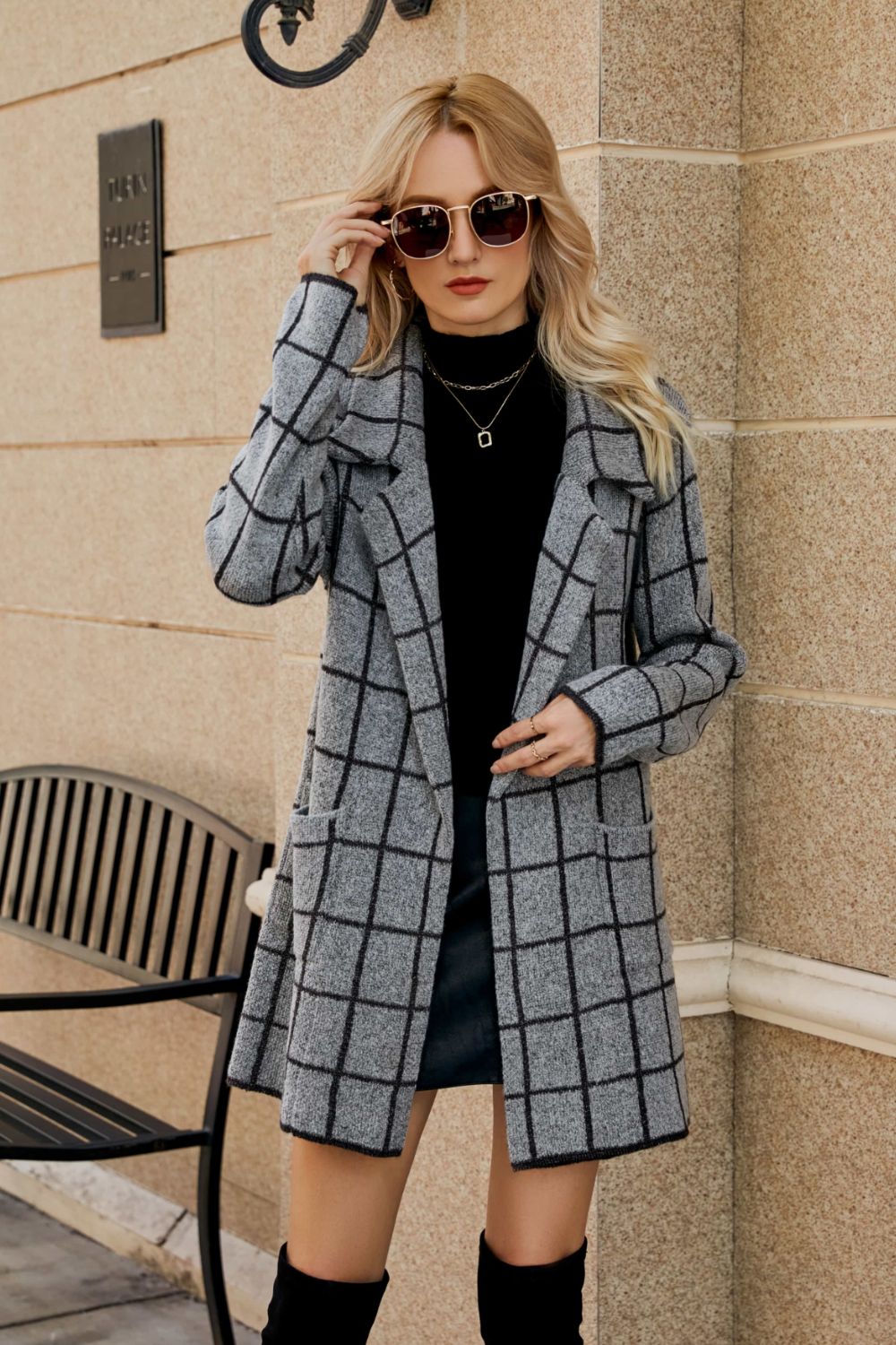 Wren Moreau — Printed Open Front Lapel Collar Cardigan with Pockets