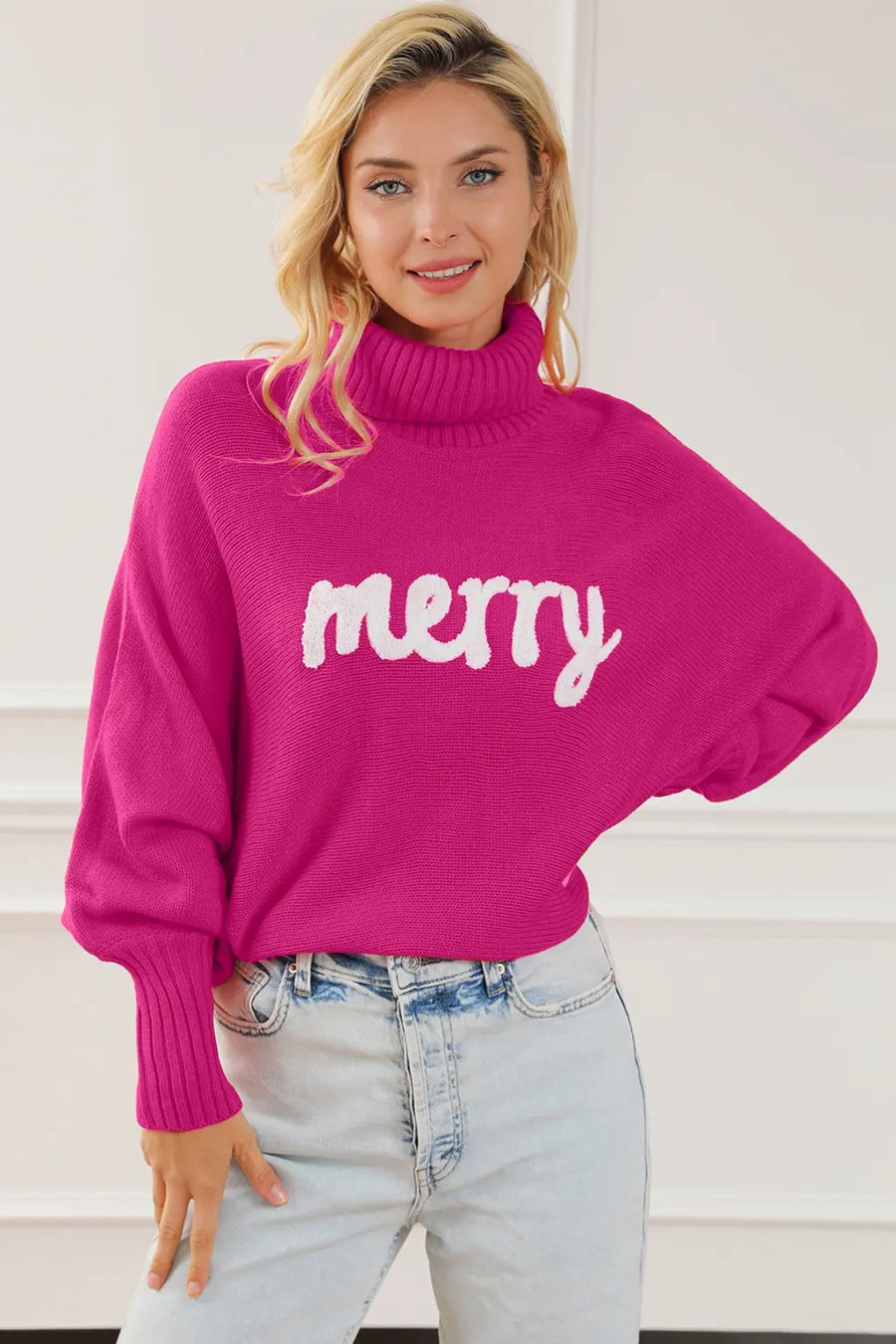Reese Fontaine — Merry Letter Embroidered High Neck Sweater