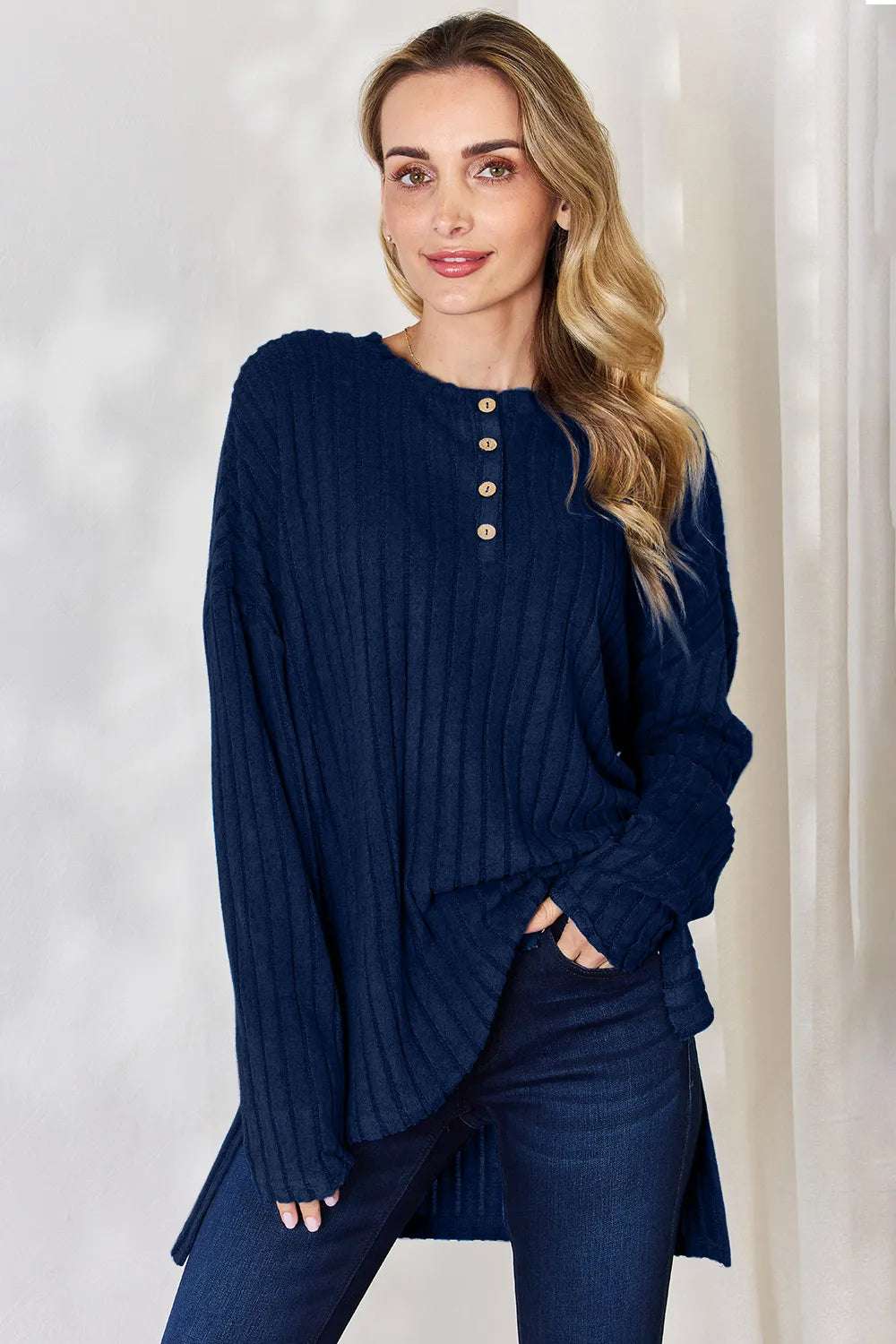 Noa Rousseau — Basic Bae Full Size Ribbed Half Button Long Sleeve High-Low T-Shirt, alternate view 29