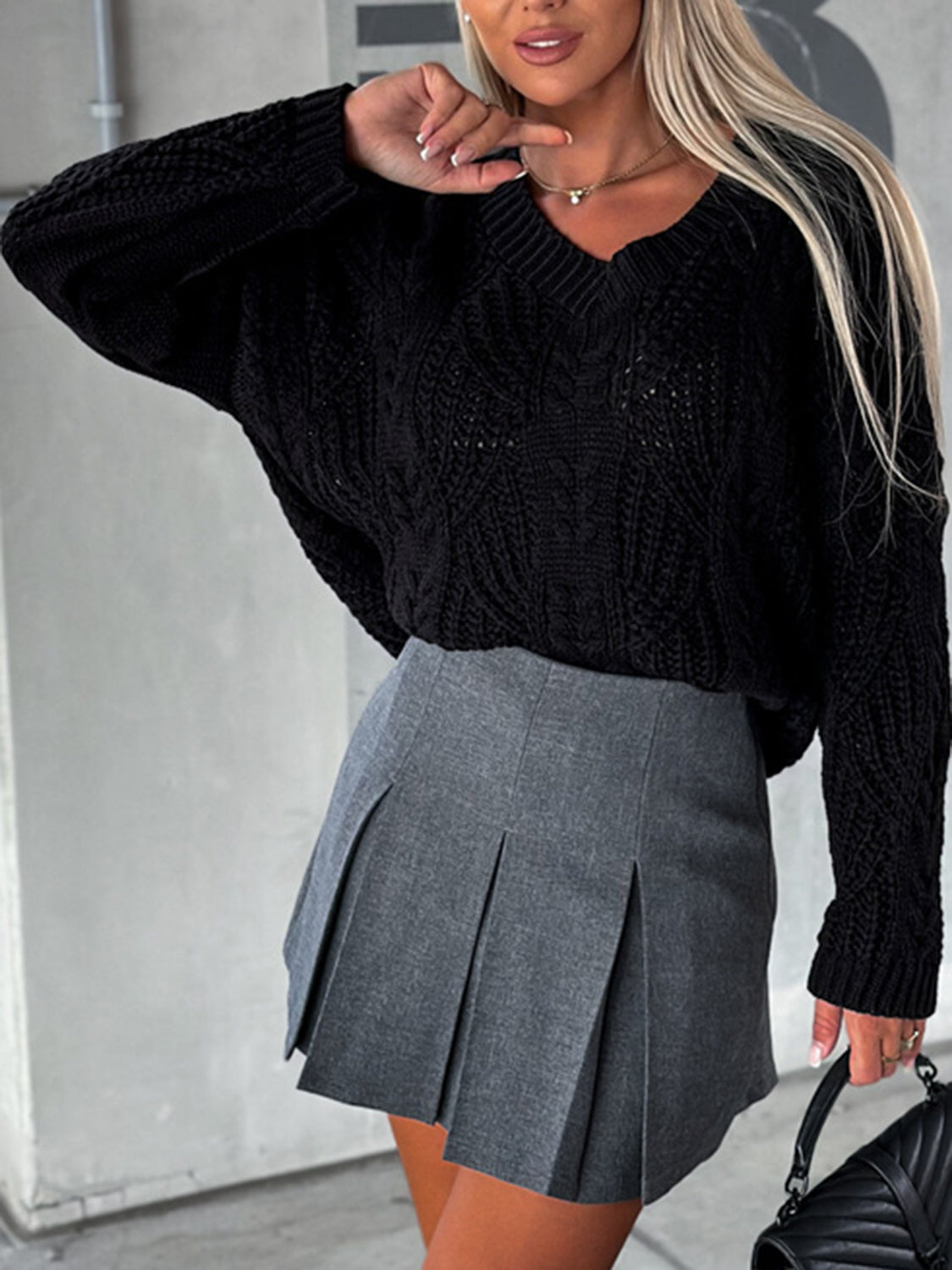 Paris Rousseau — V-Neck Cable-Knit Long Sleeve Sweater, alternate view 8