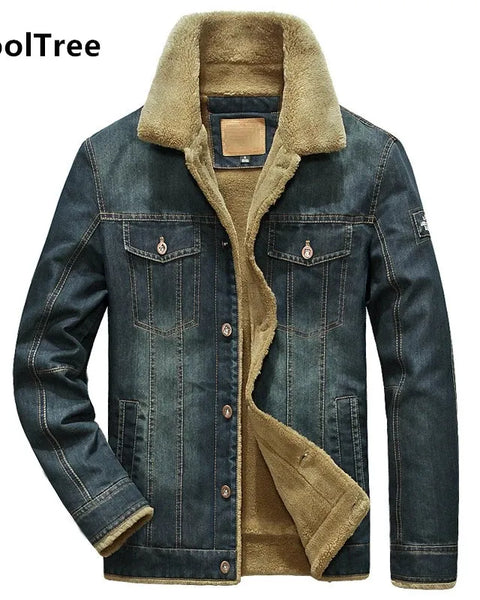 Men's Denim Jacket with Velvet Lining and Fur Collar, Slim Fit Outerwear