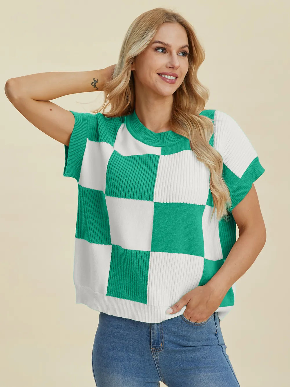 Cove Delacroix — Double Take Full Size Checkered Round Neck Short Sleeve Sweater, alternate view 20