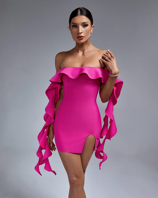 Chic Off-Shoulder Ruffle Mini Bandage Dress - Opulent Empire
