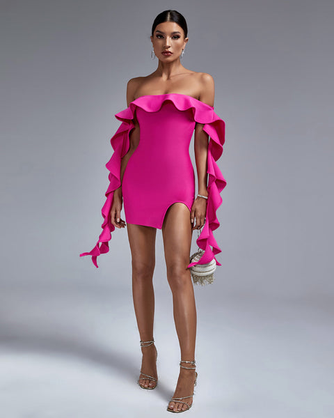 Chic Off-Shoulder Ruffle Mini Bandage Dress - Opulent Empire