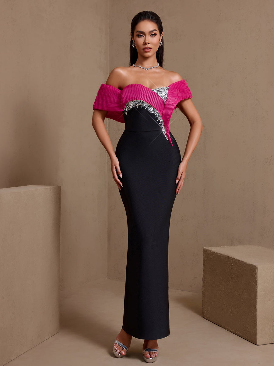 Dahlia Moreau — Off Shoulder Ruffled Crystal Bandage Dress