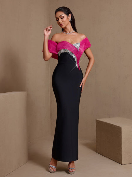 Off Shoulder Ruffled Crystal Bandage Dress