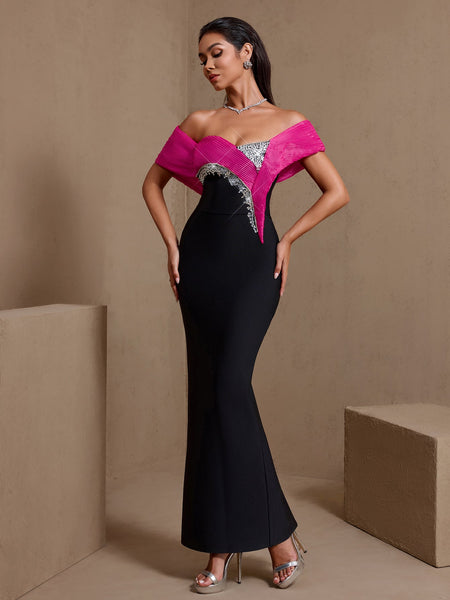Off Shoulder Ruffled Crystal Bandage Dress