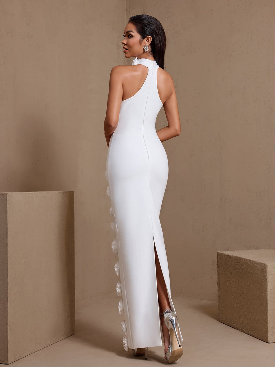 Halter Neck 3D Flowers Bandage Maxi Dress