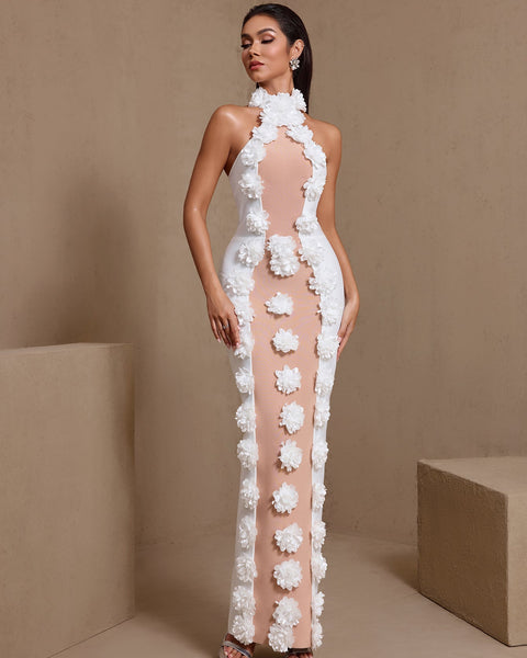 Maxikleid mit Neckholder, 3D-Blumen und Bandage