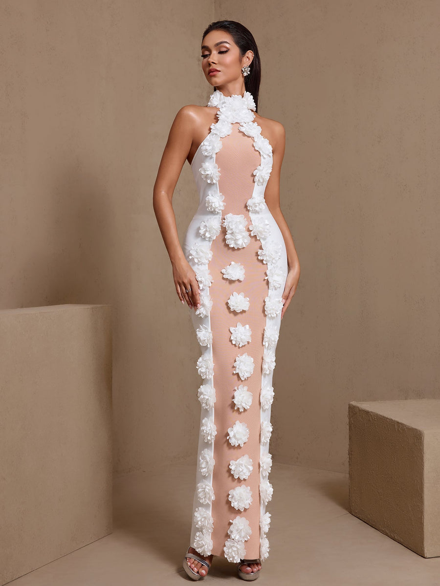 Francesca Moreau — Halter Neck 3D Flowers Bandage Maxi Dress, alternate view 2