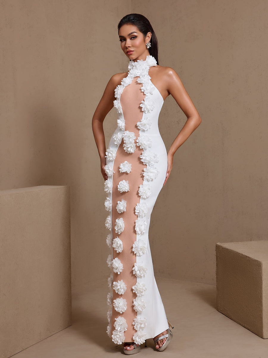 Halter Neck 3D Flowers Bandage Maxi Dress