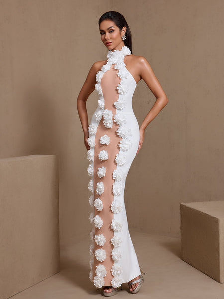 Halter Neck 3D Flowers Bandage Maxi Dress