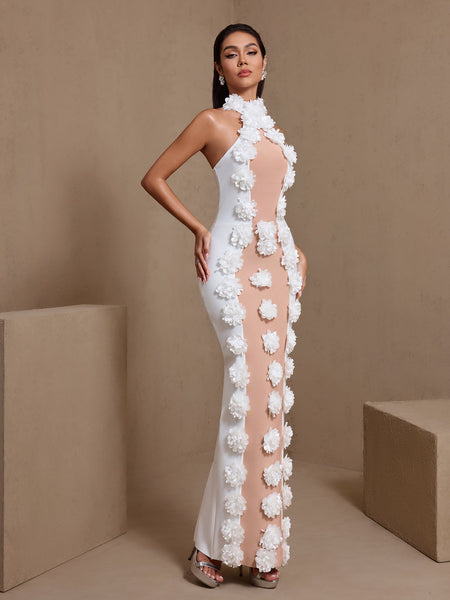 Halter Neck 3D Flowers Bandage Maxi Dress