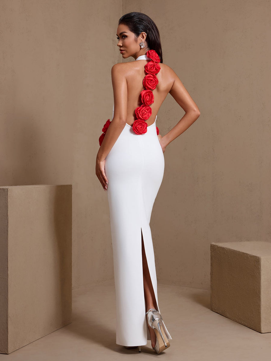 Open Back Flowers Bandage Maxi Dress