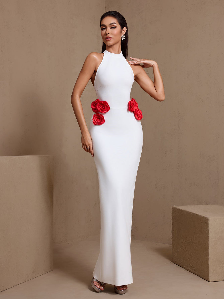 Open Back Flowers Bandage Maxi Dress