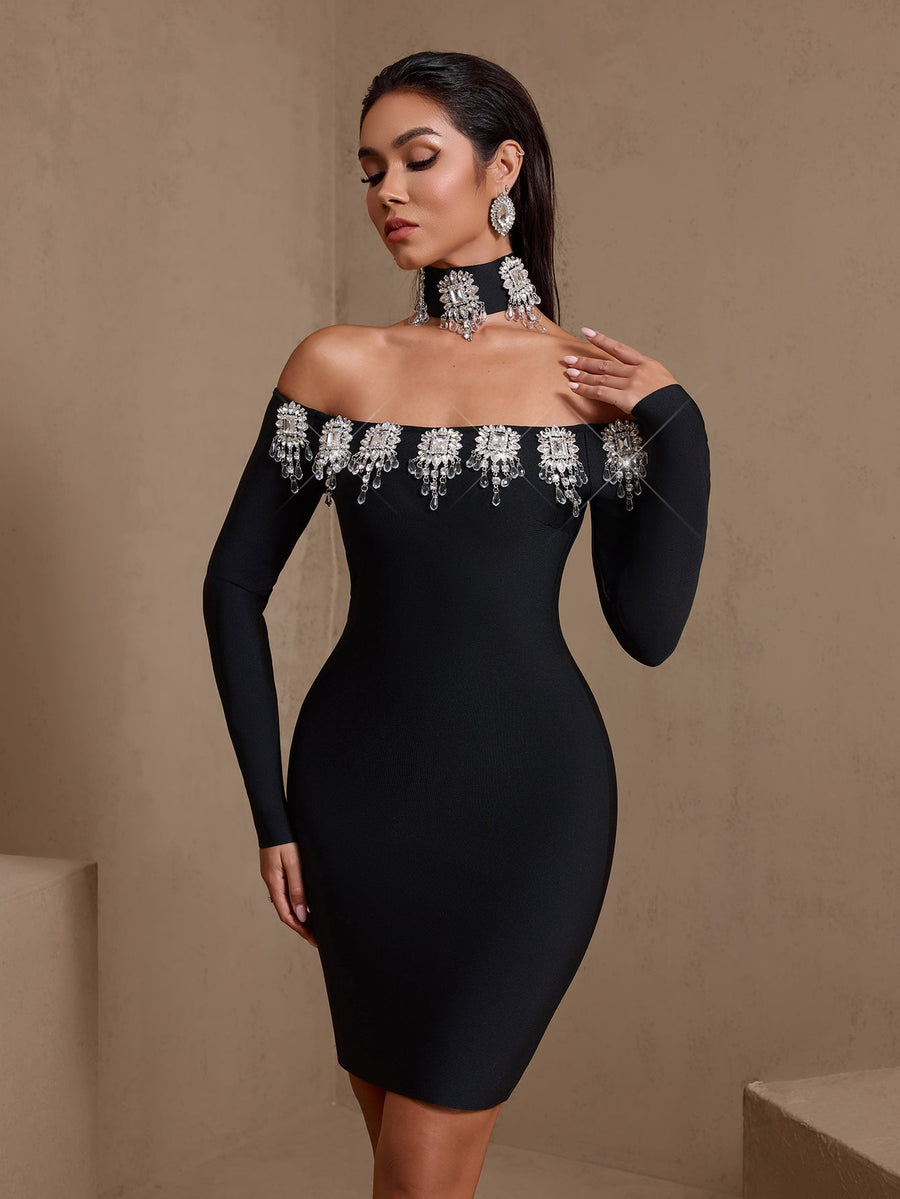 Yvette Moreau — Crystal Embellished Bandage Dress With Choker