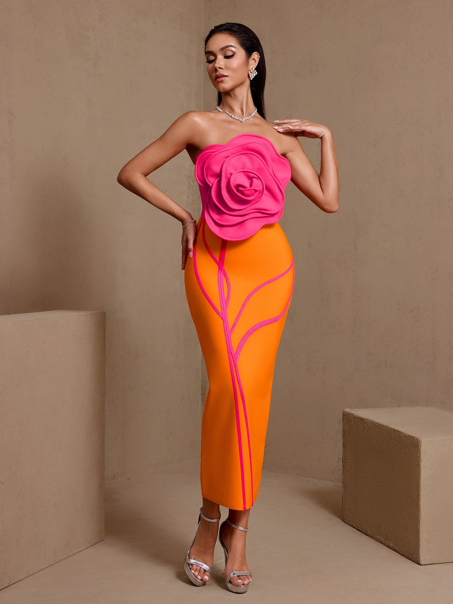 Huge Chest Flower Strapless Bandage Dress